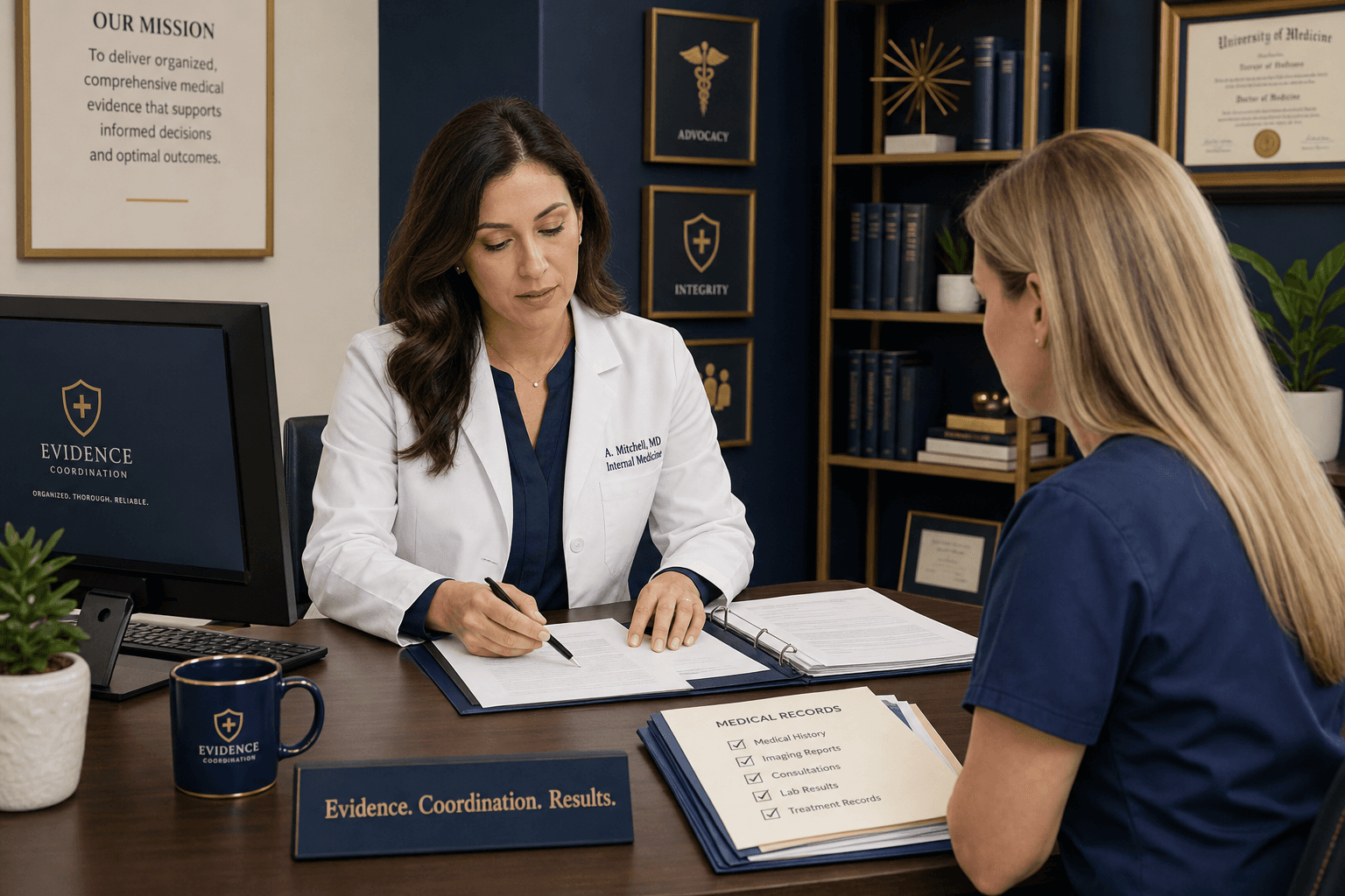 Medical provider reviewing veteran records and coordinating evidence for a nexus letter
