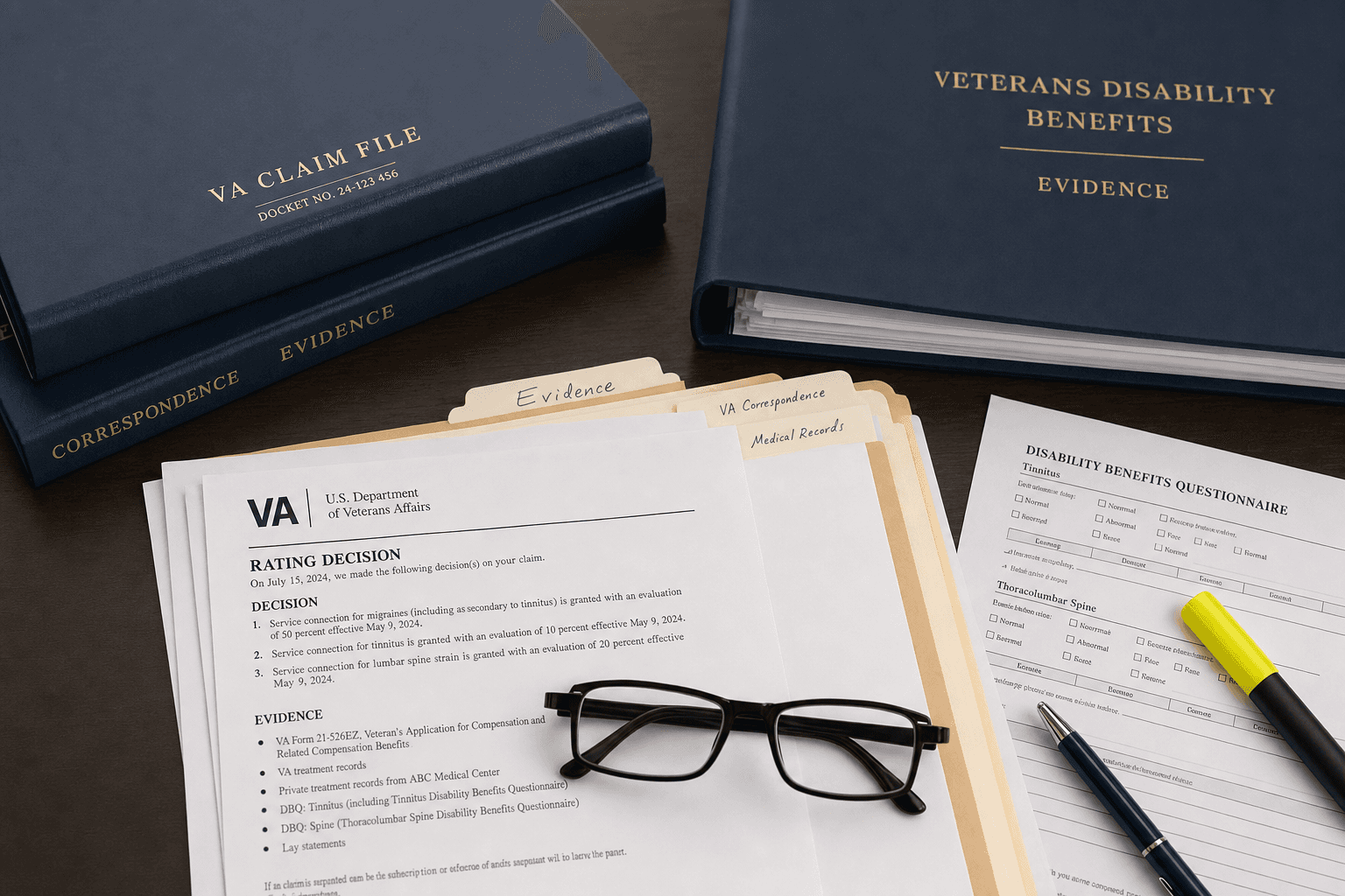 Veteran's hands holding an organized VA claim file folder on a desk with documents, pen, and reading glasses in natural light