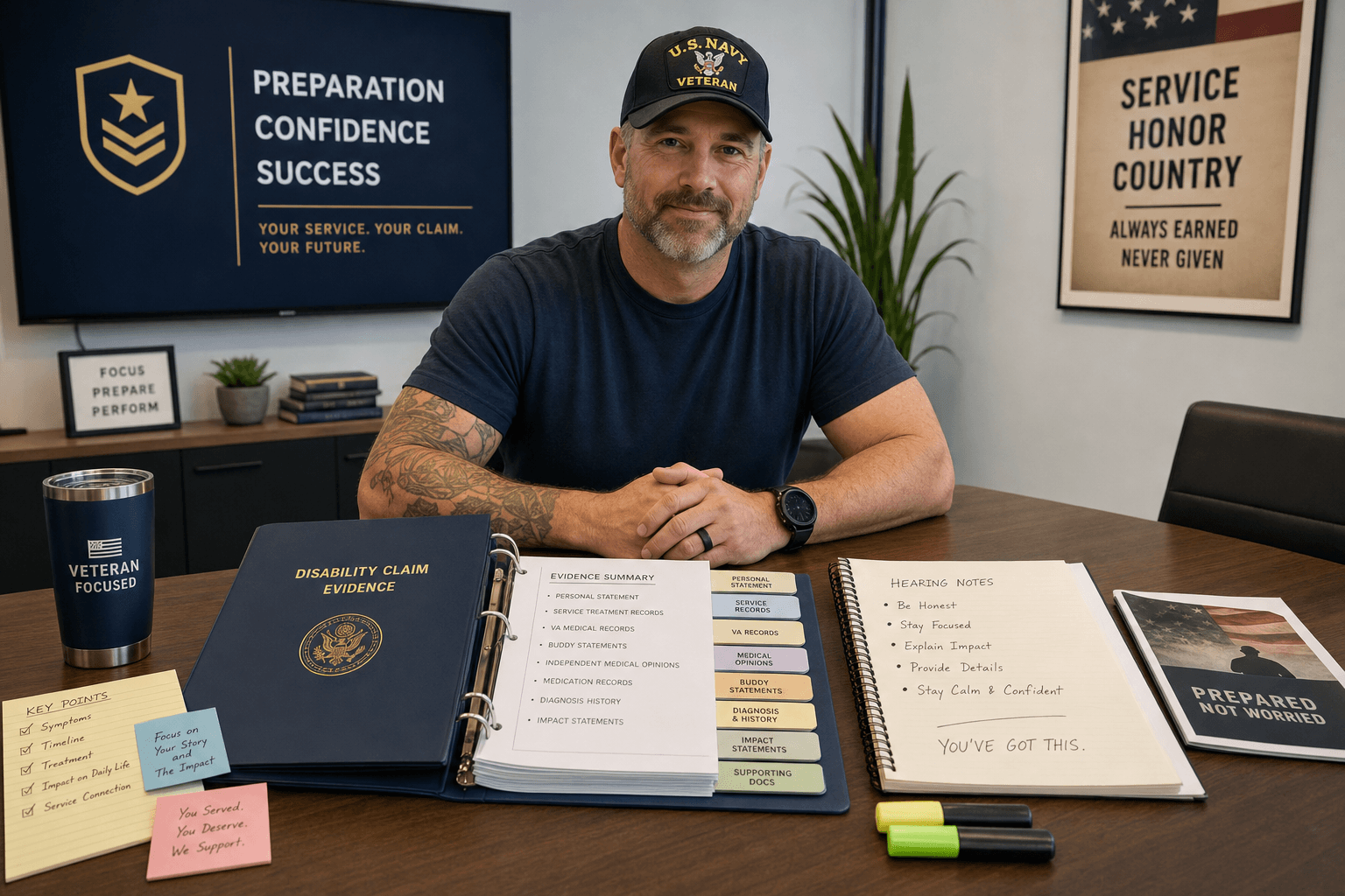 Veteran seated at desk with organized evidence binder, focused and prepared for hearing