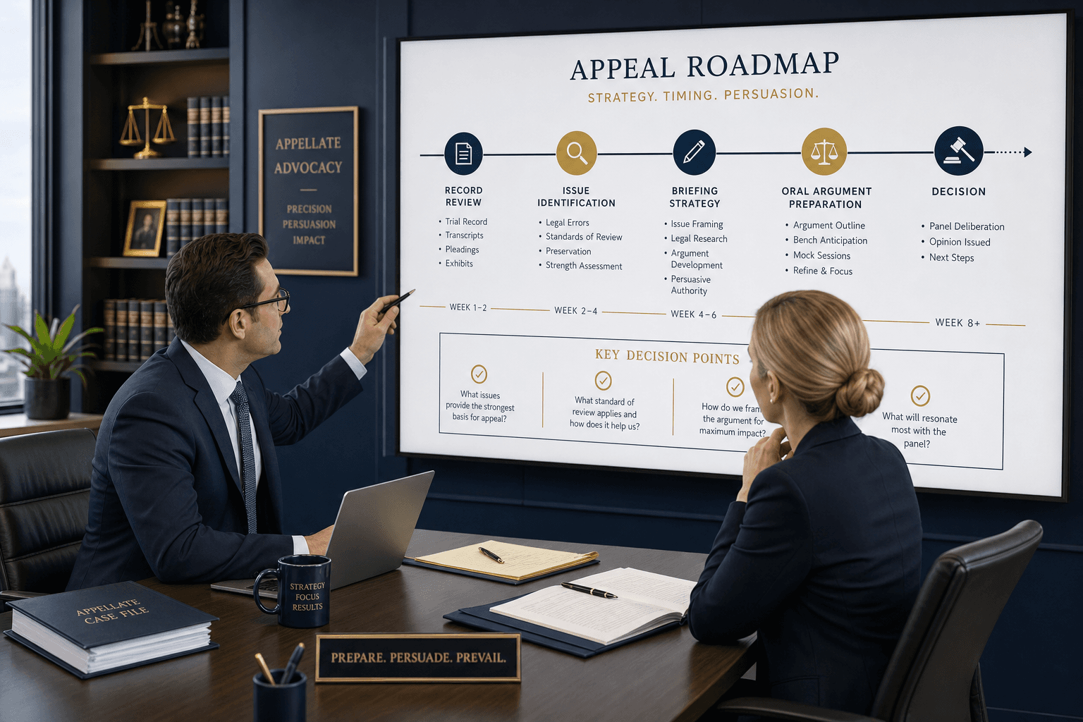 Strategic planning meeting with appeal roadmap and case documents on a dark wood table, navy blue and gold tones