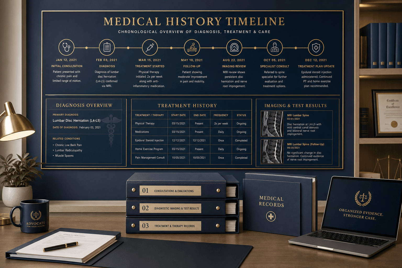 Medical chronology report open on a desk with treatment history timeline and organized medical folders