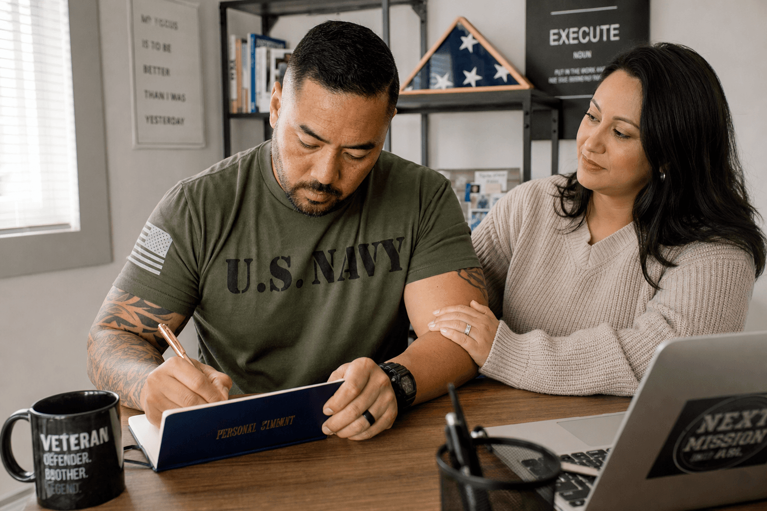 Veteran in a quiet home office carefully writing a personal statement with a family member nearby, document papers and folders with a navy blue backdrop and gold accent tones, professional yet personal atmosphere