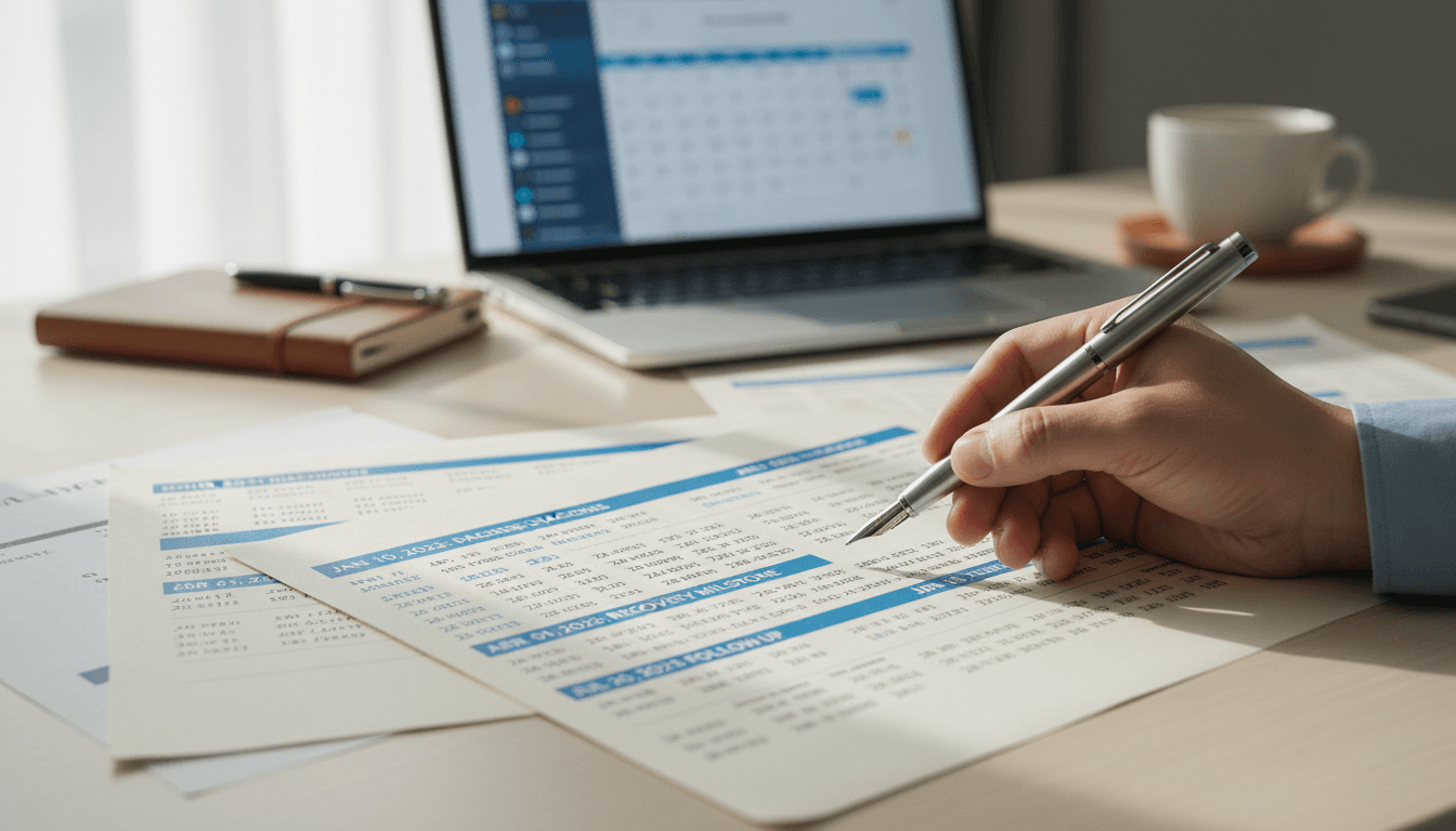 Reviewing a printed medical timeline with a pen