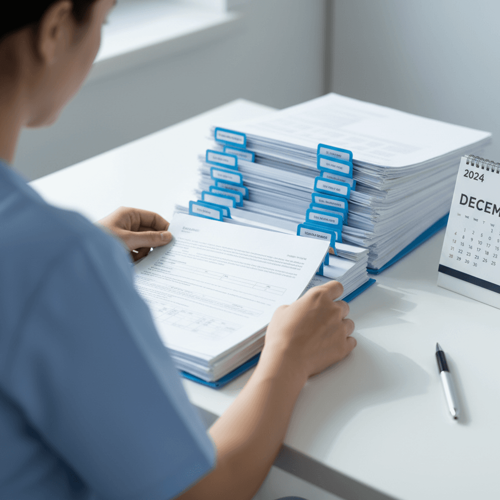 Medical chronology consultant organizing records with labeled tabs