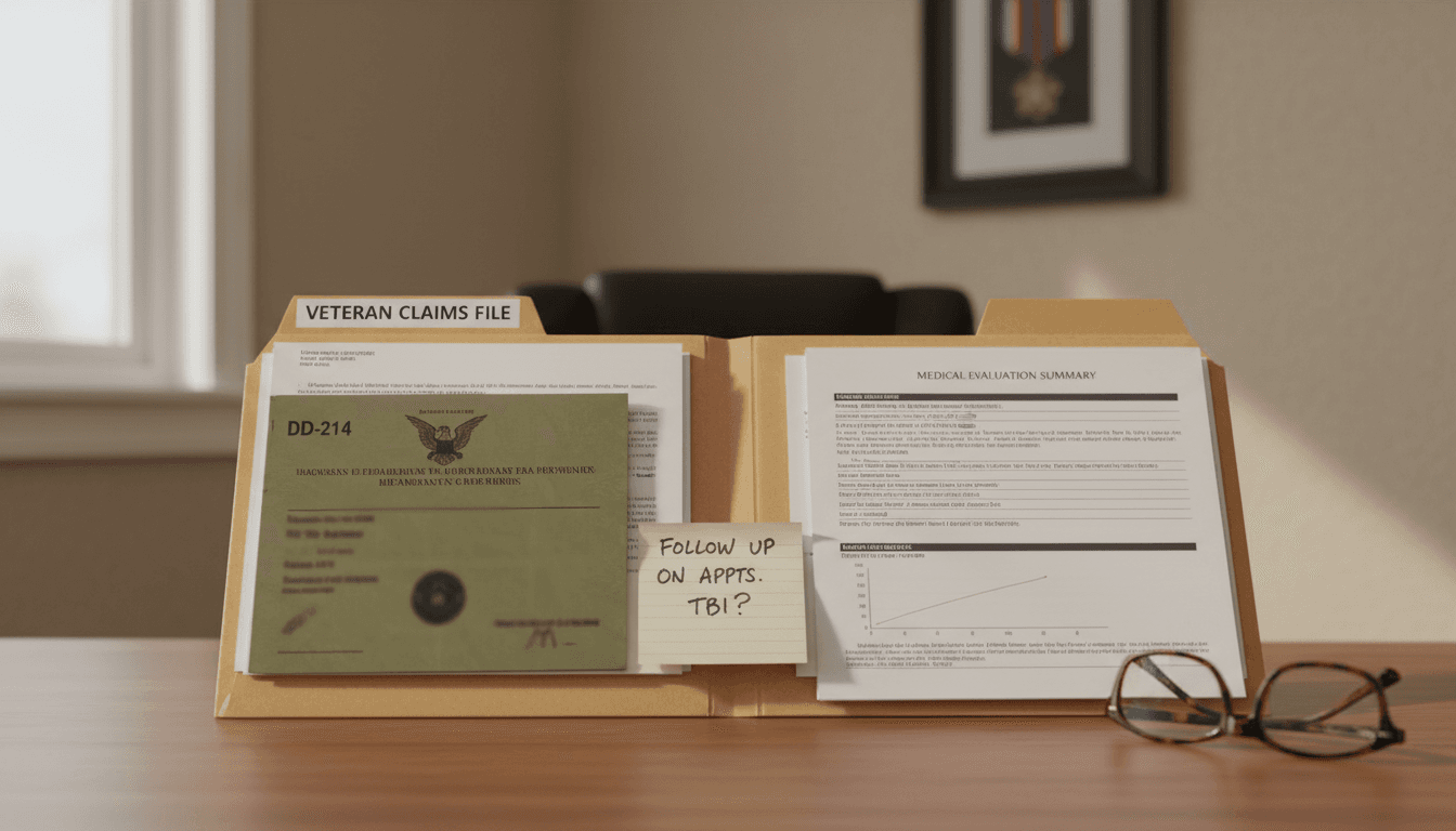 An open claims folder with military papers and a medical report on a desk
