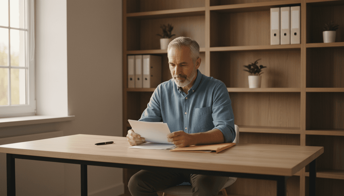 Veteran reviewing paperwork at a home desk in natural light