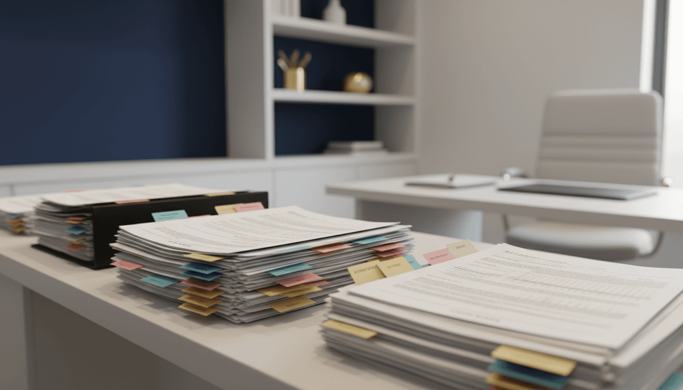 Organized veteran disability claim documents and evidence files on a professional desk