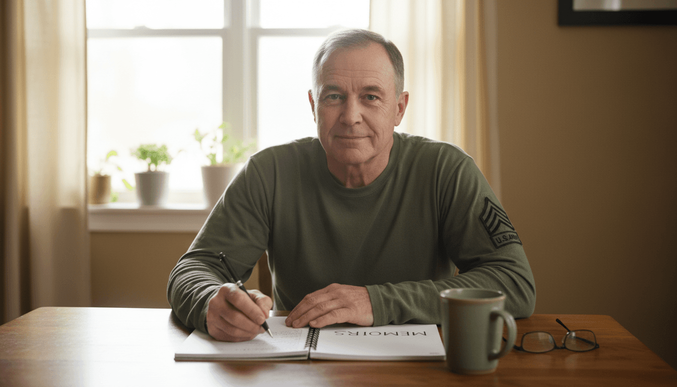 A veteran seated at a kitchen table writing in a notebook