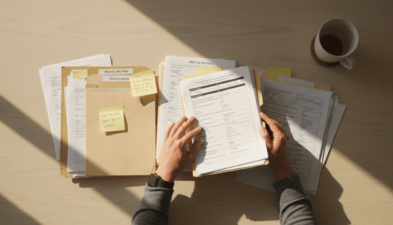 Hands sorting through a veteran's claim file on a wooden desk