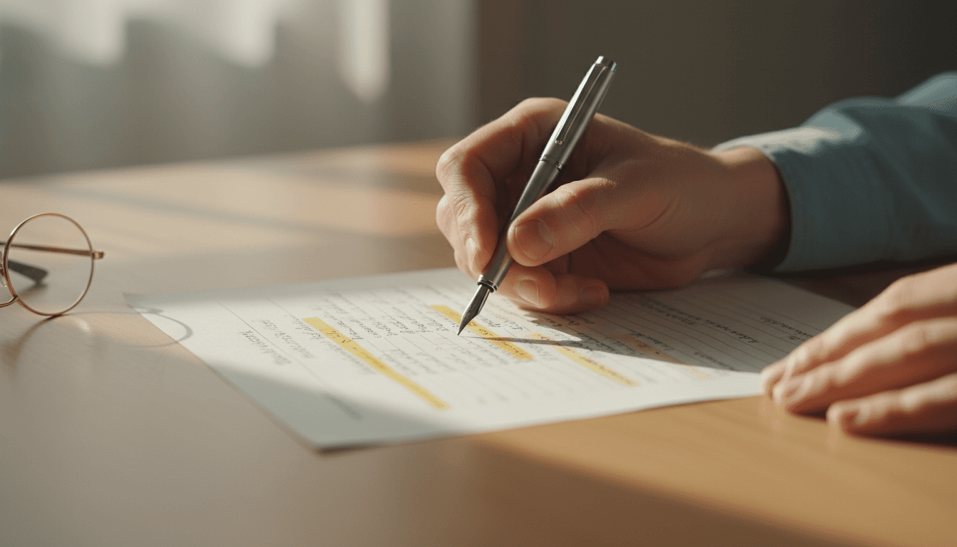 Hand holding pen over medical document on desk