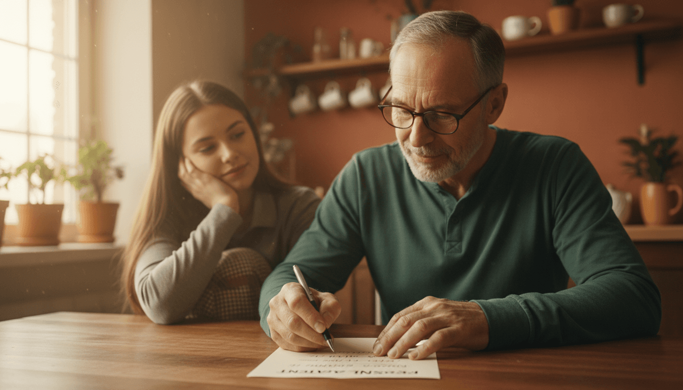 Veteran writing a lay statement at a kitchen table