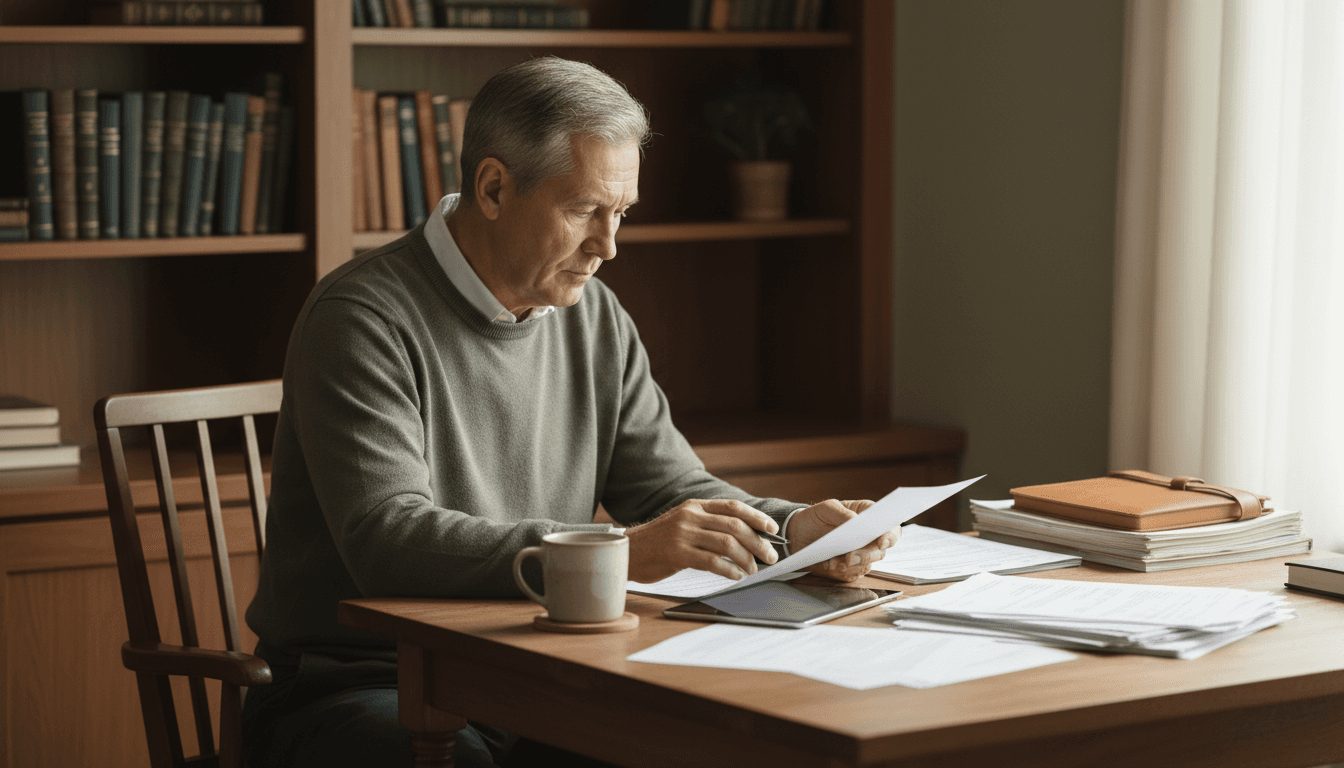 Veteran reviewing disability documents at a desk in a home office