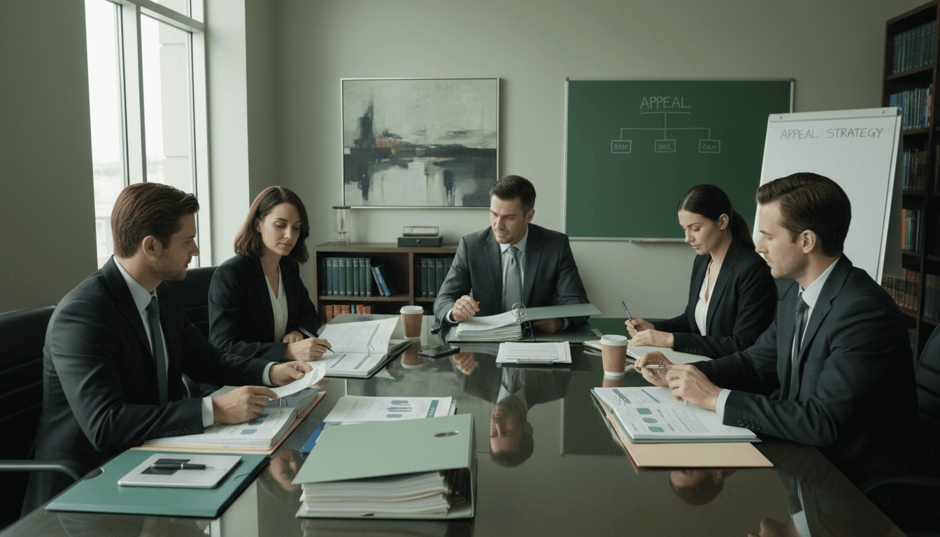 Legal team reviewing prepared appeal documents in a conference room
