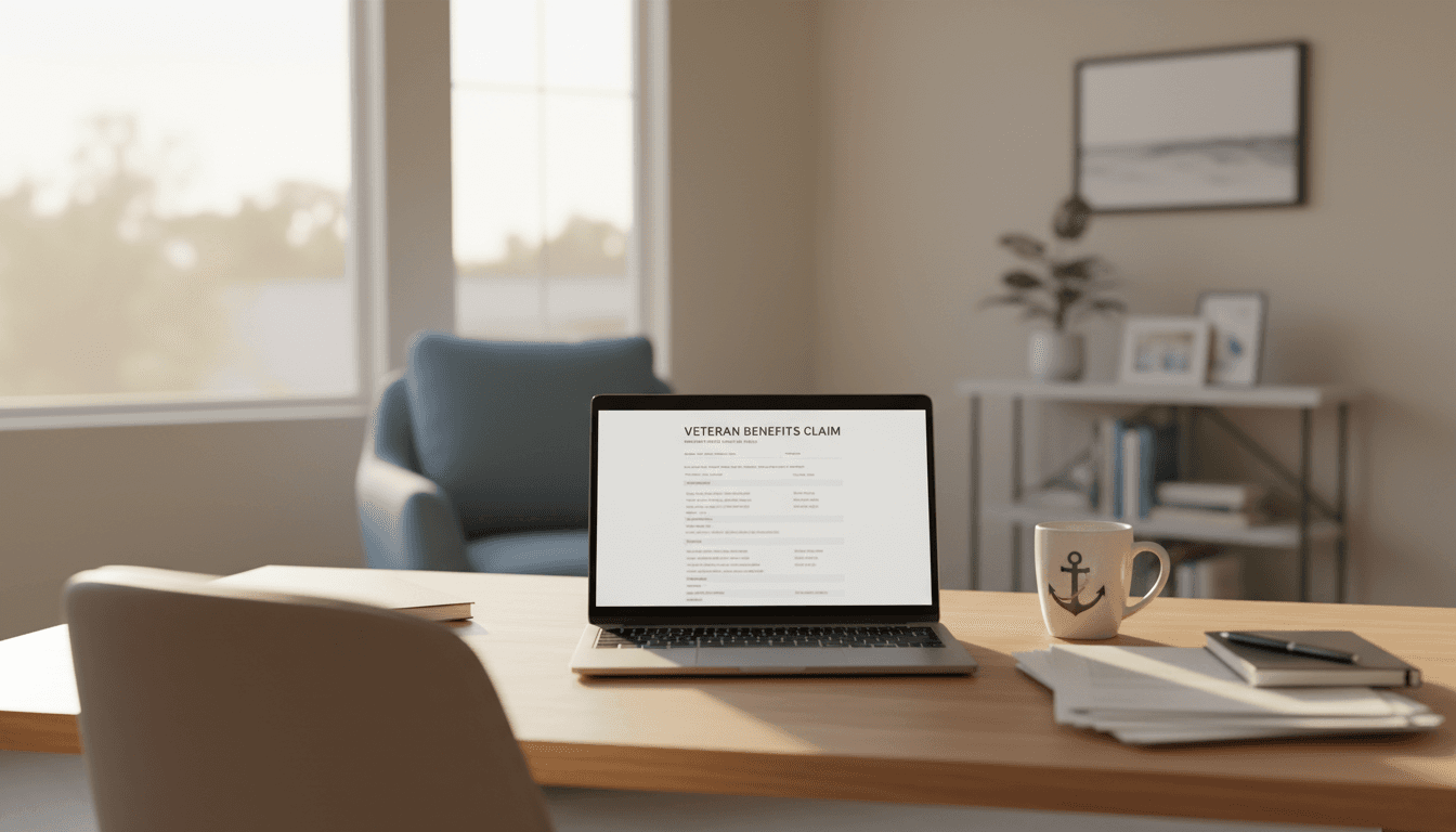 A calm home office desk with a veteran's laptop and claim paperwork, bathed in warm San Diego afternoon light