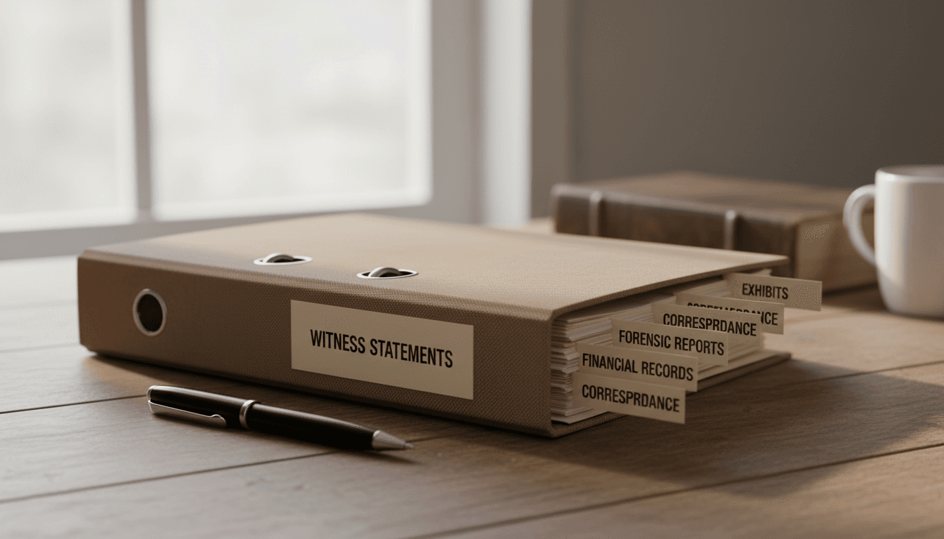 Organized evidence binder with labeled tabs and sections