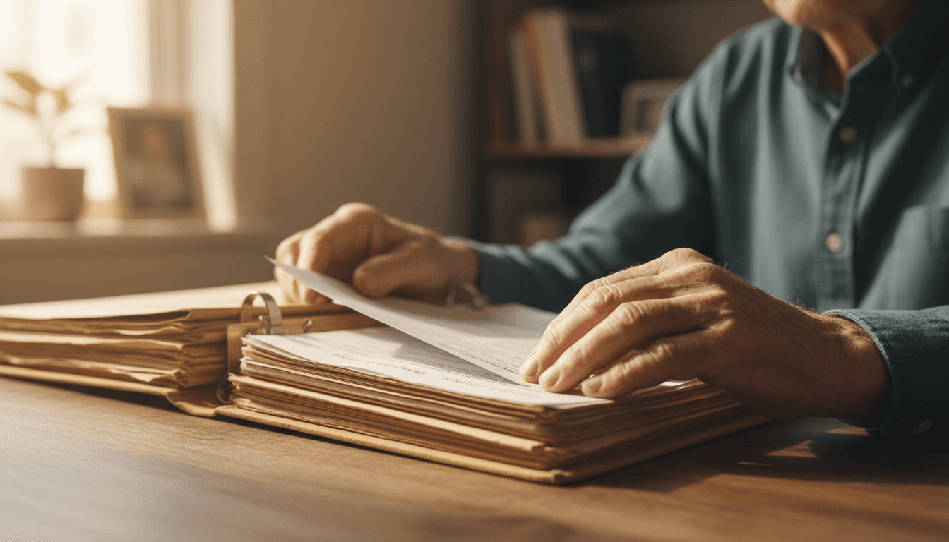 Veteran reviewing claim file documents at a San Diego desk