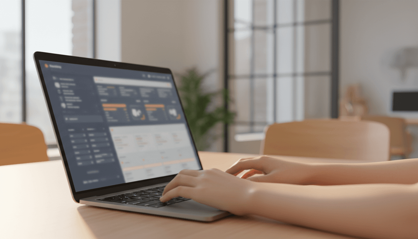 Close-up of hands typing on a laptop with a blurred dashboard interface visible on screen