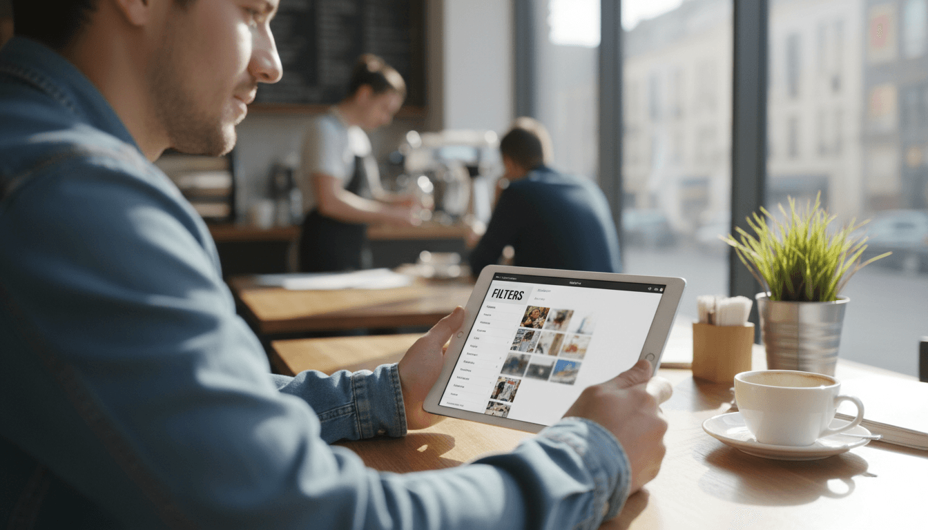 Person browsing filter options on a tablet at a cafe