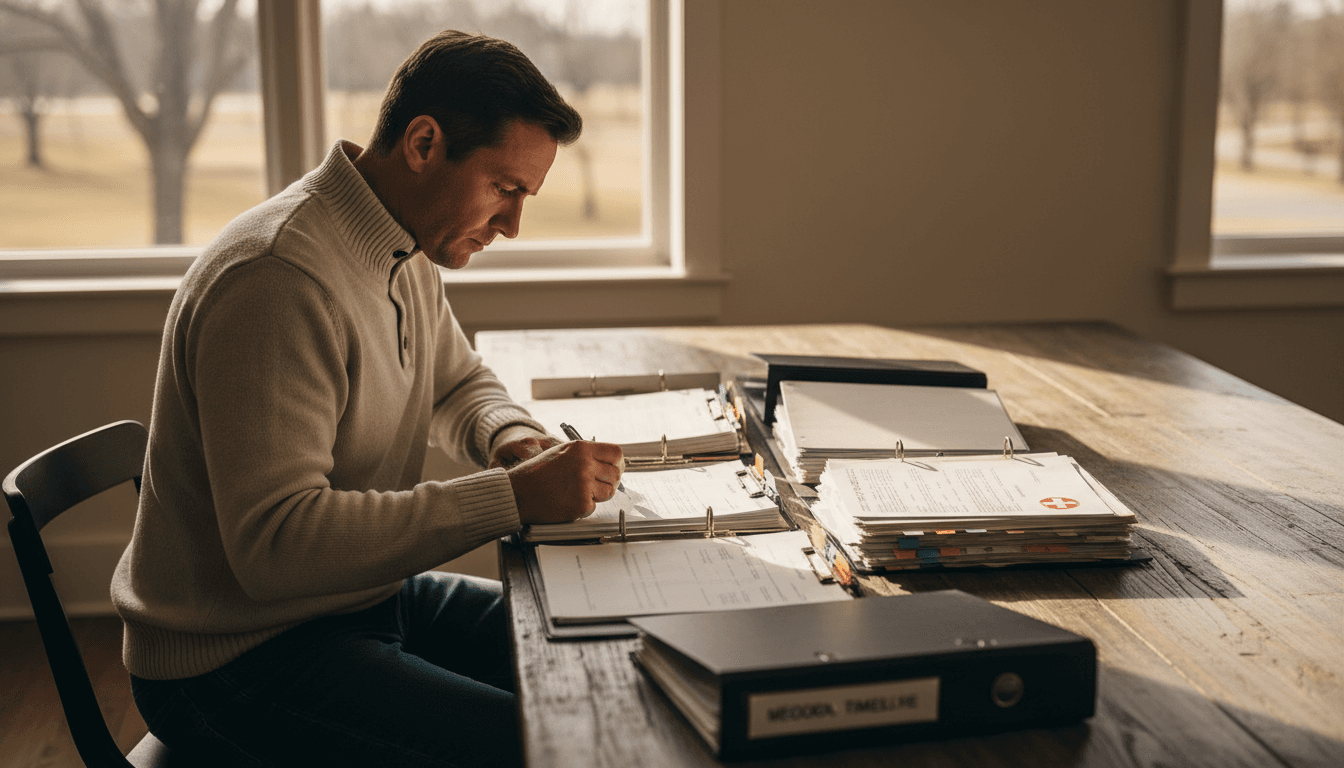 Veteran reviewing organized disability claim documents at desk