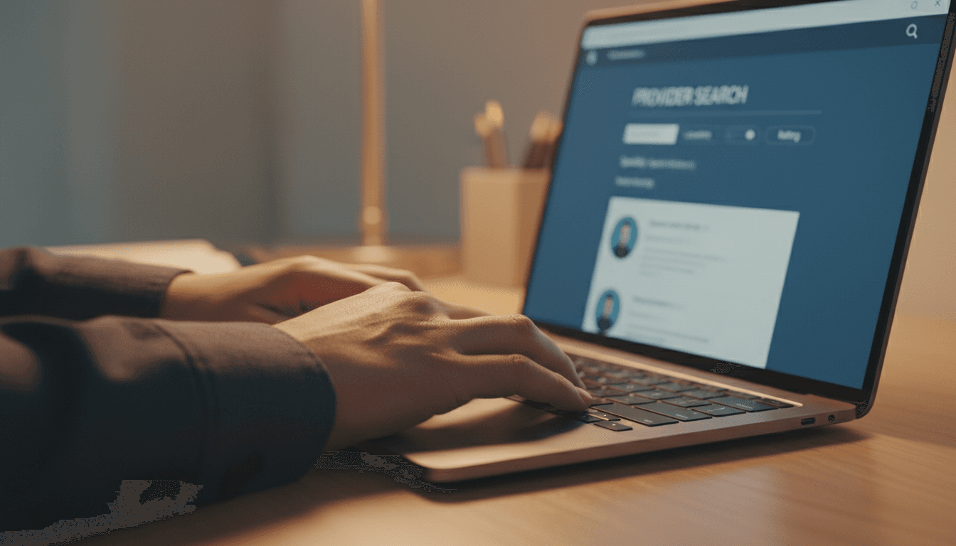 Professional searching a provider directory on a laptop