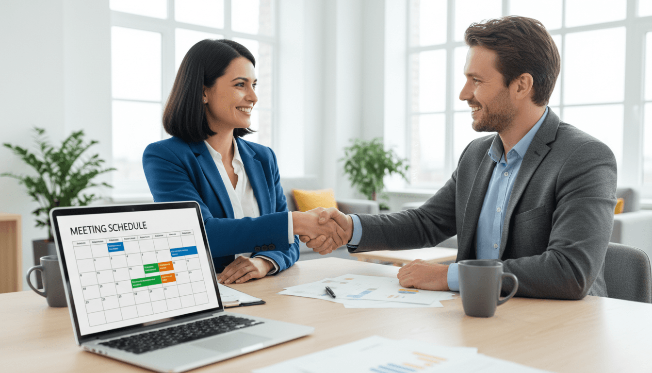 Two people shaking hands with an open calendar on a laptop nearby