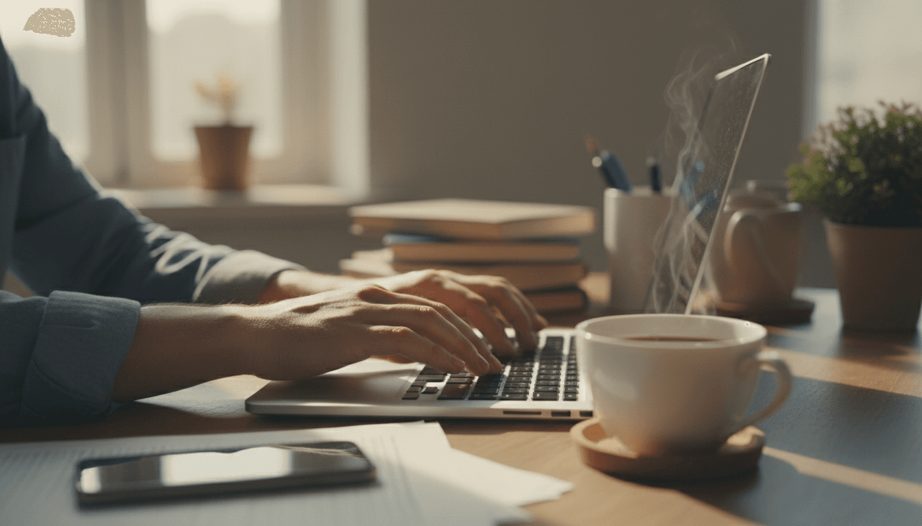 Hands typing on a laptop in an office