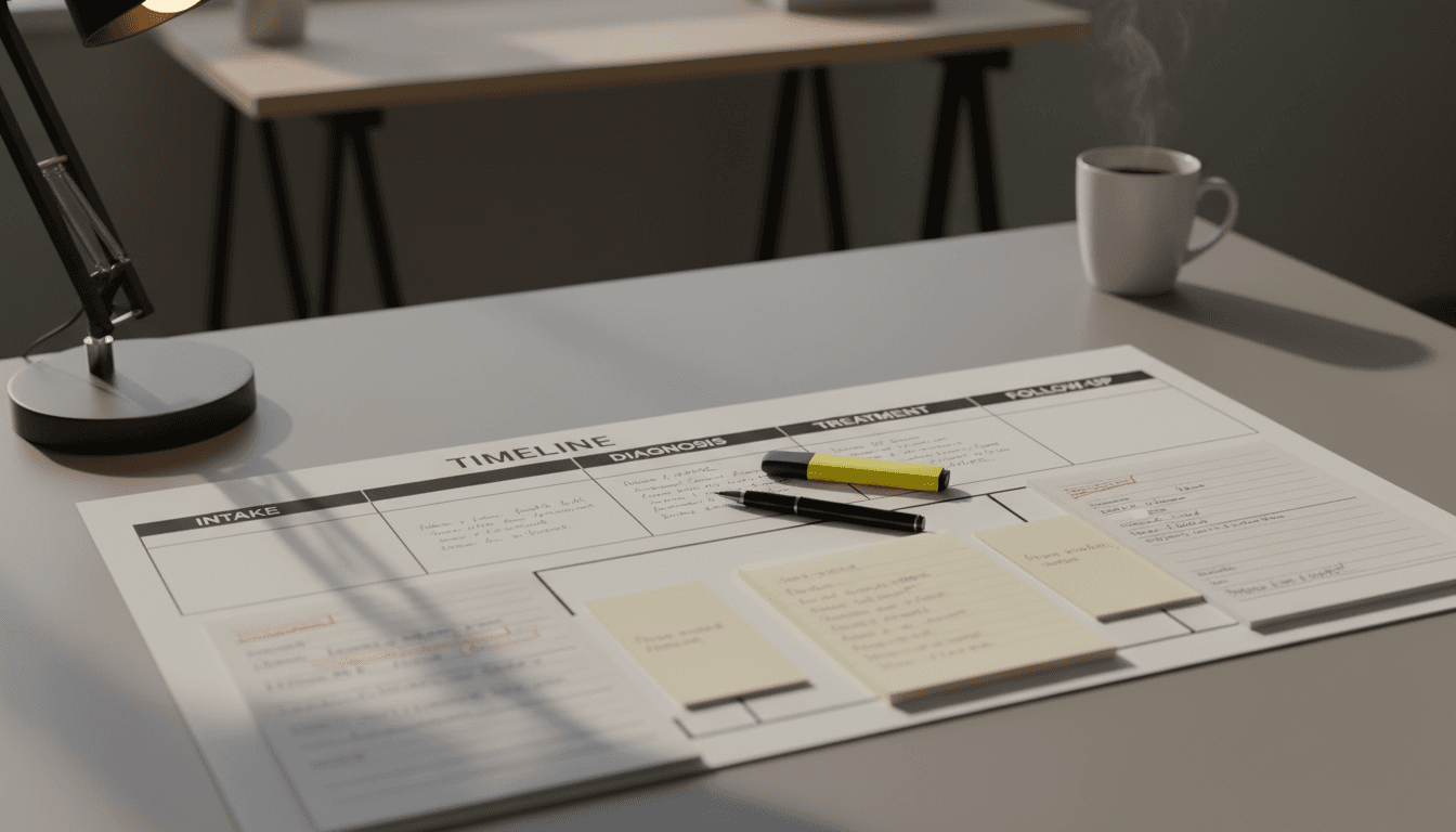 A printed timeline of medical records and notes arranged chronologically on a desk