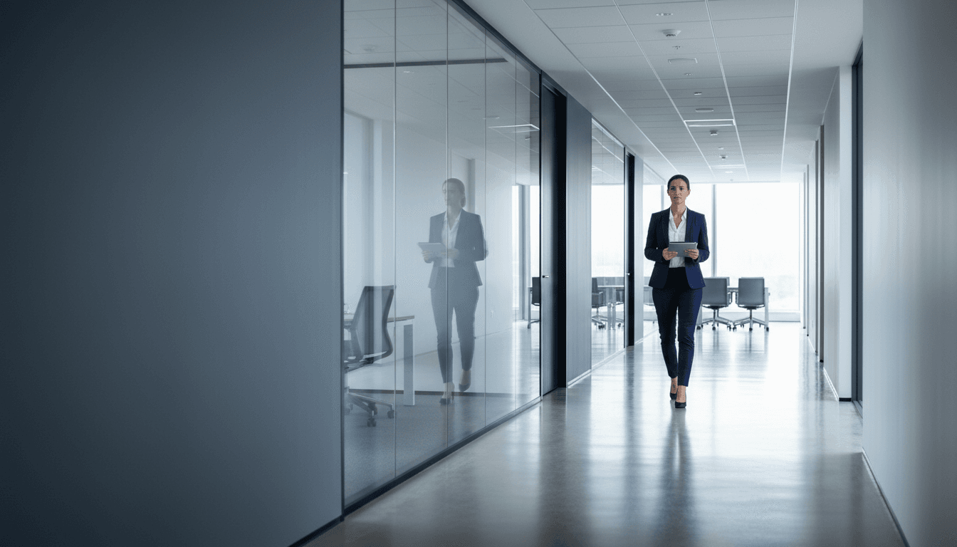 Professional walking through a modern government office corridor with glass meeting rooms