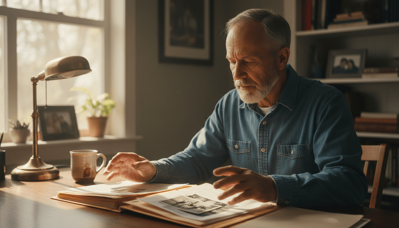 Veteran reviewing claim documents at a home desk in quiet afternoon light