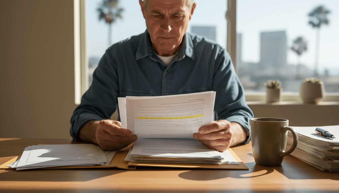 Veteran reviewing claim documents at a bright home desk in San Diego