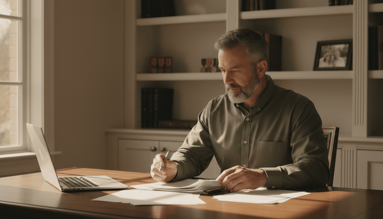 Veteran reviewing paperwork at home desk with natural light