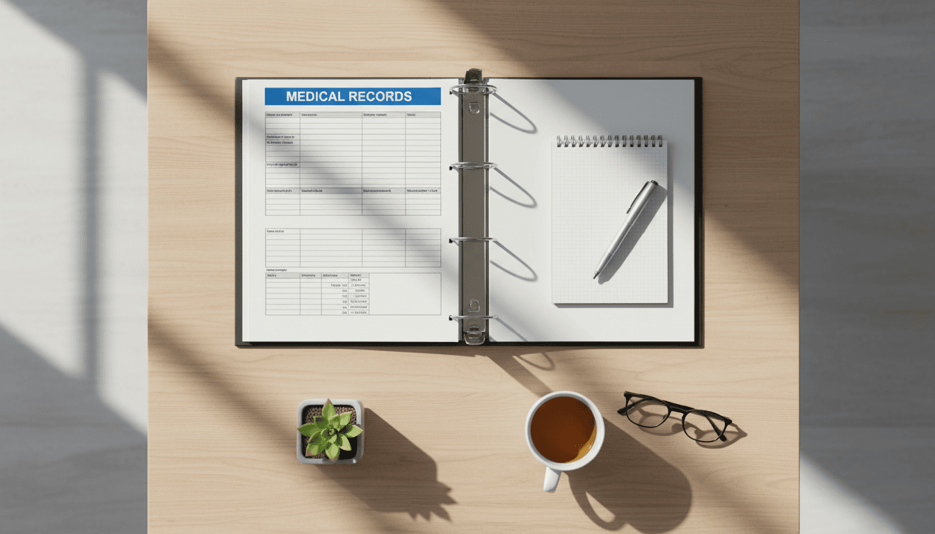 Organized medical records and timeline summary on a table