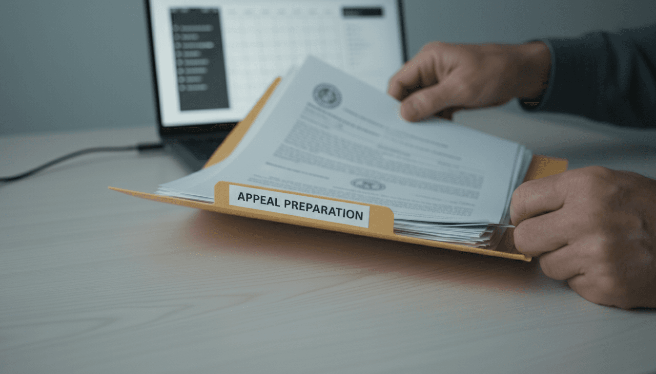 Hands opening a file folder labeled 'Appeal Preparation' on a desk with a laptop in the background