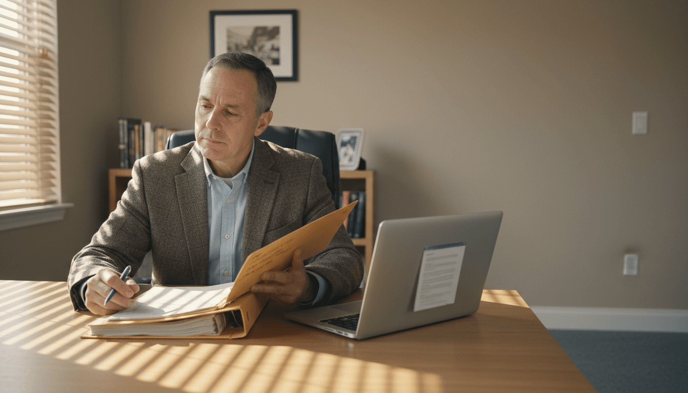 Veteran reviewing claim documents at a home desk with a laptop open nearby