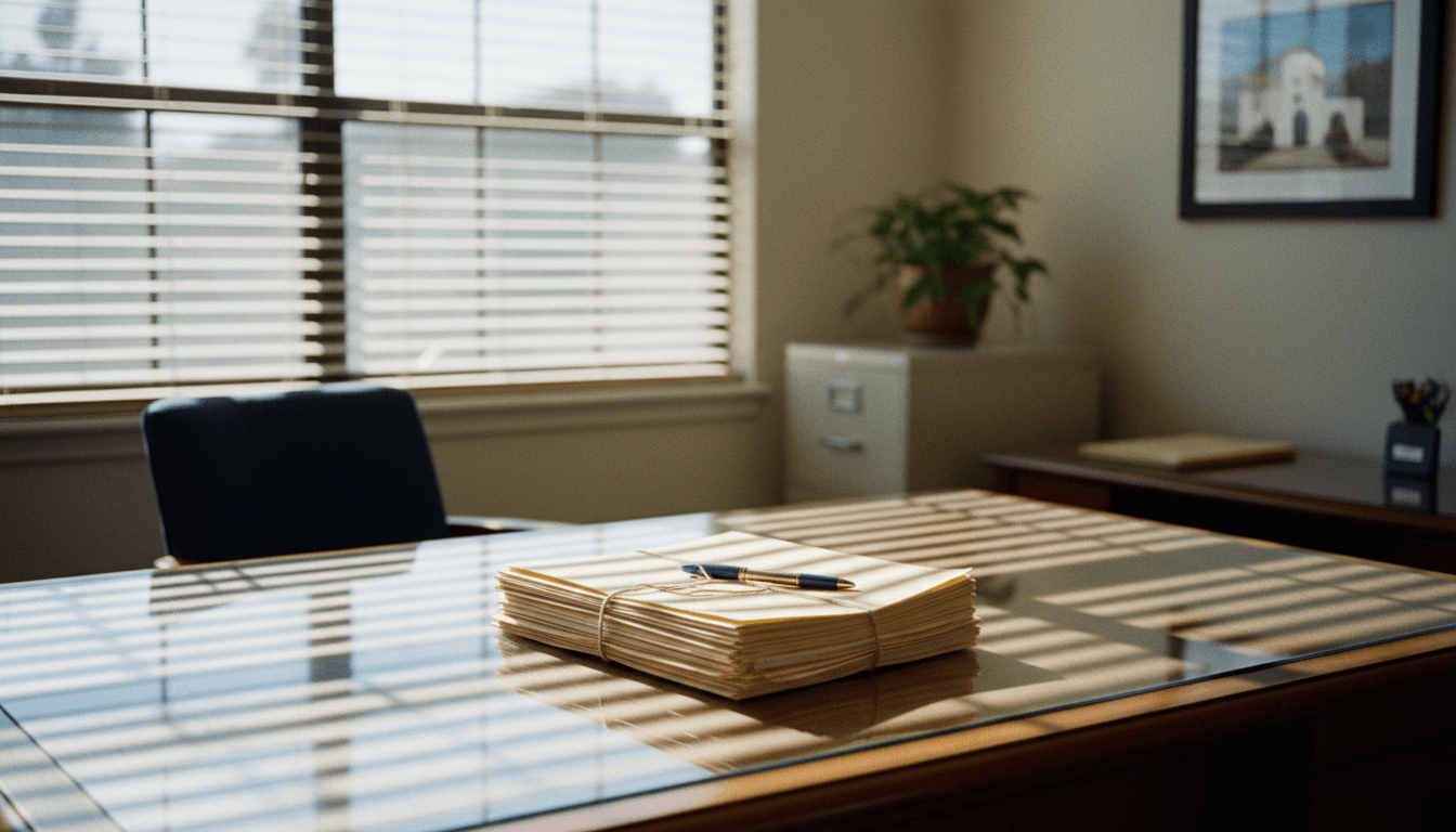 Organized desk in San Diego veterans claims office with folders and legal pad