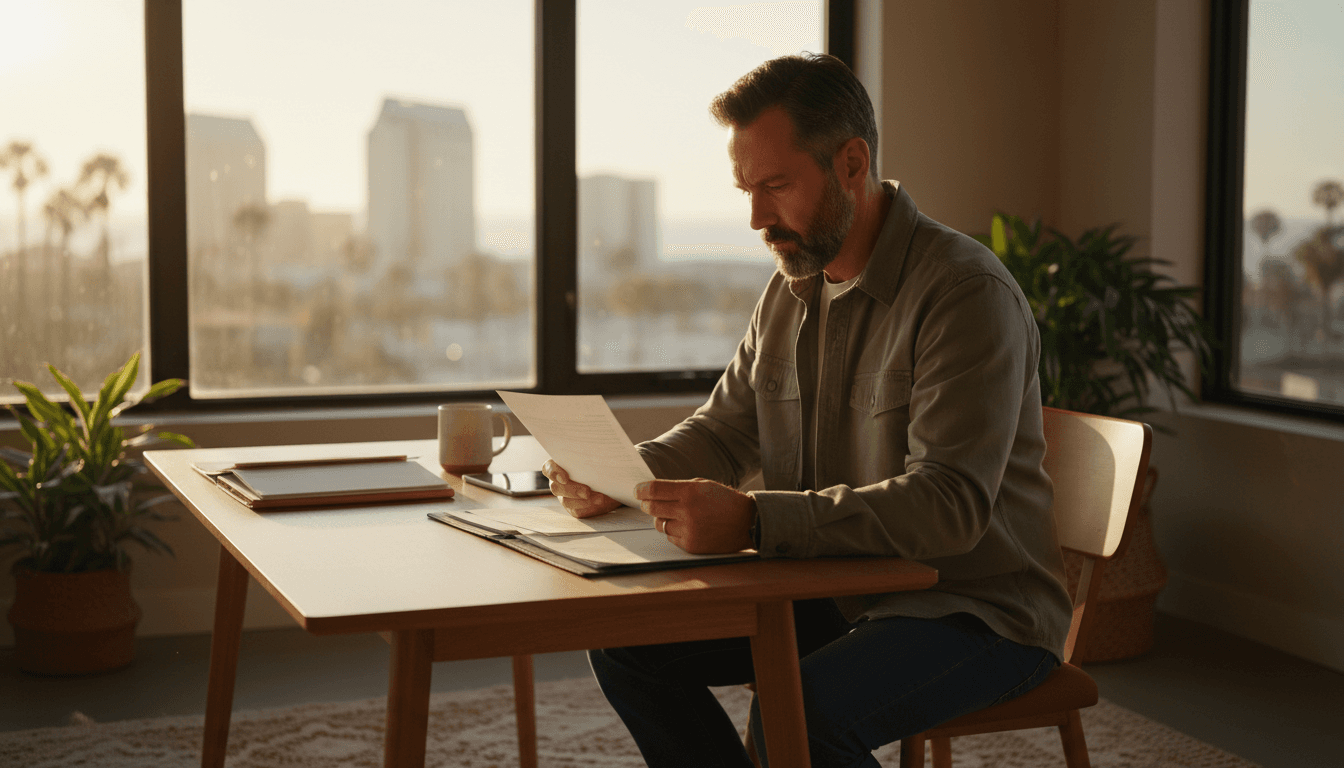 Veteran reviewing claim documents at a desk in natural light