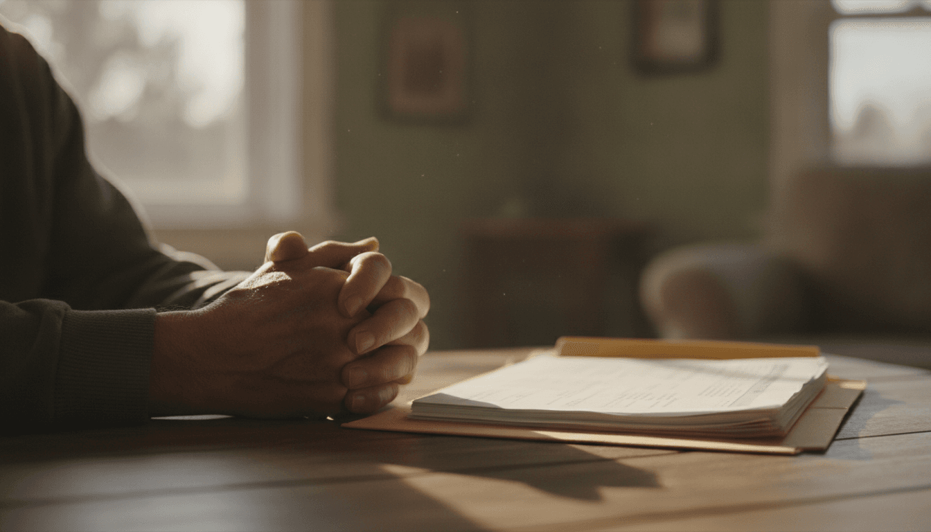 Veteran reviewing medical documents on a table