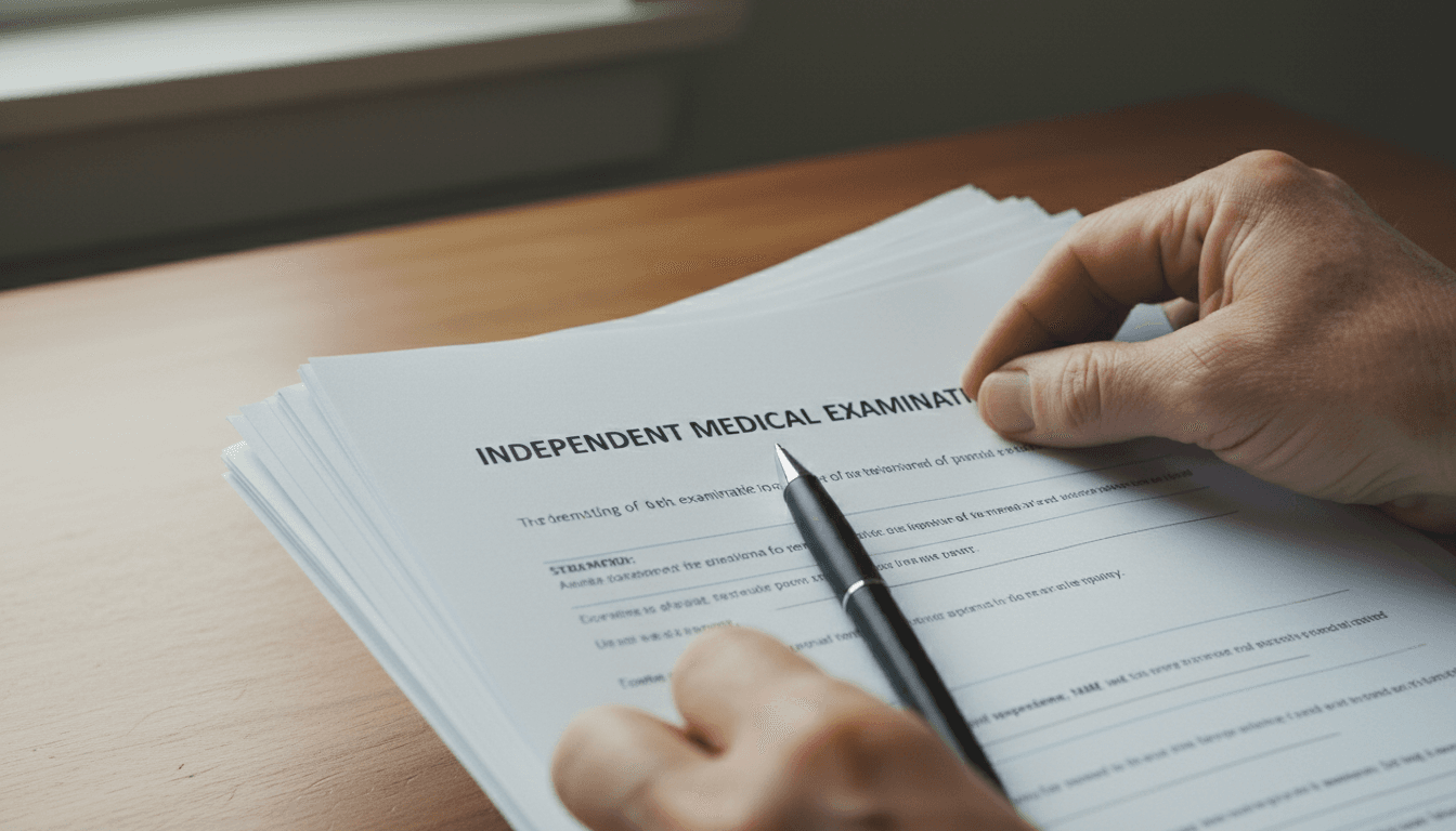 A hand holding printed medical exam forms with a pen on top