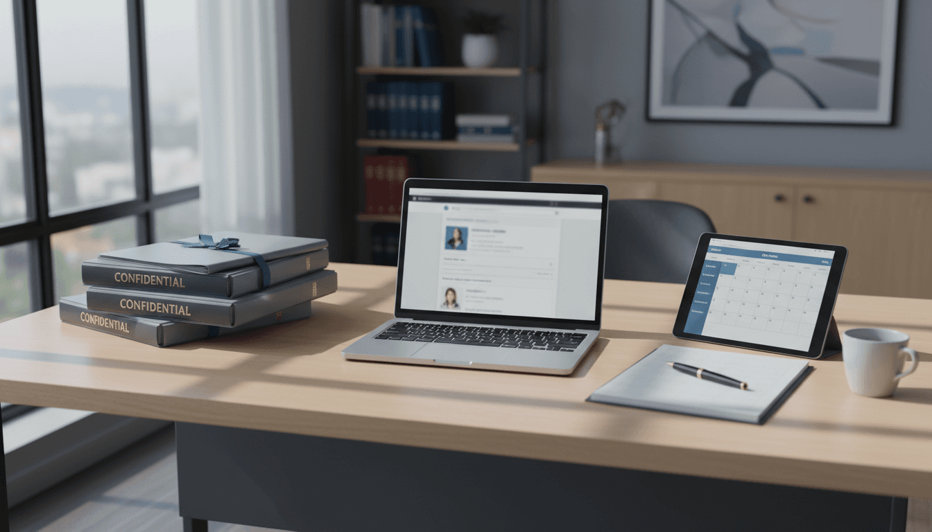 Organized law firm workspace with laptop and case files